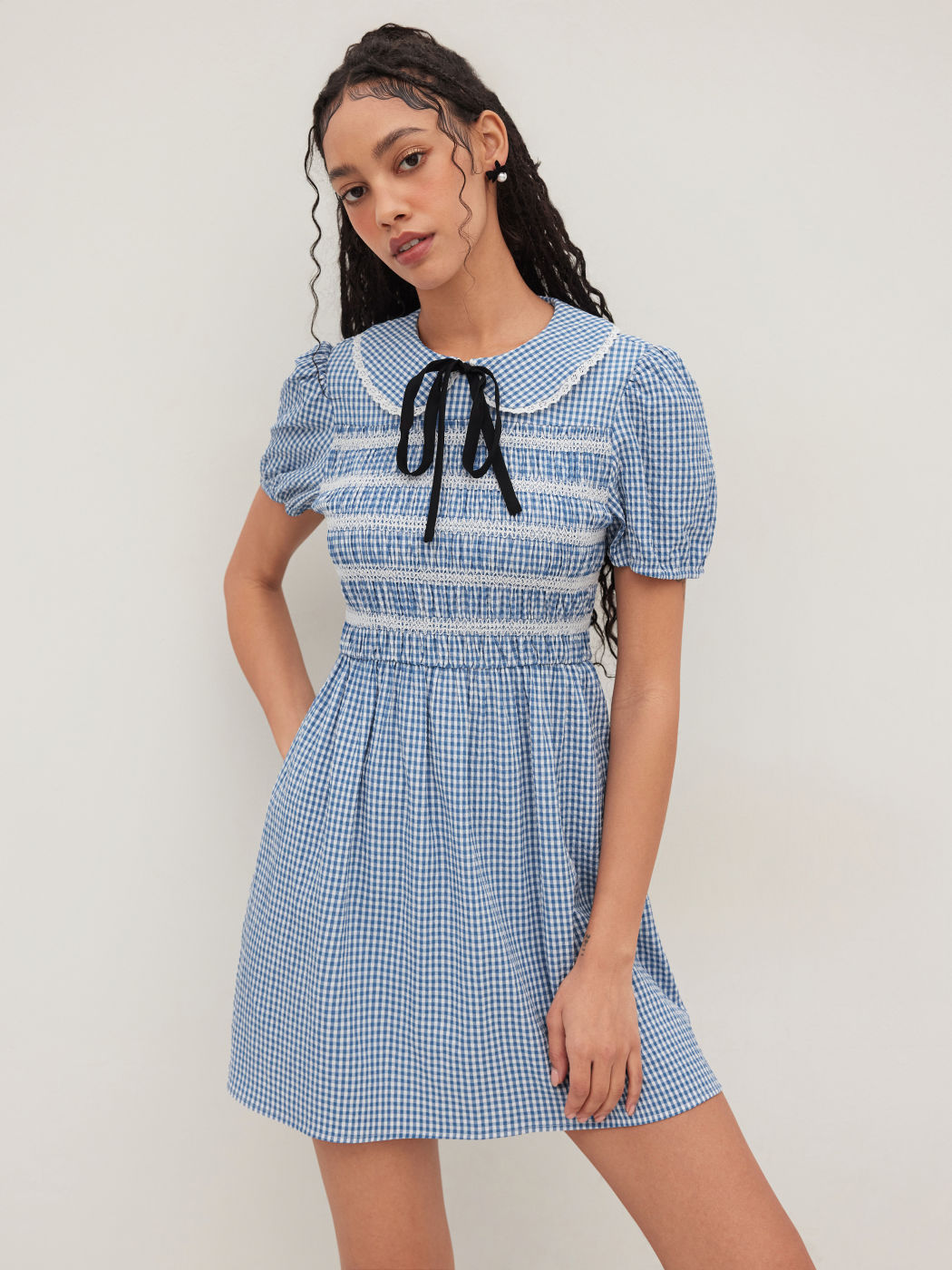 Cotton-blend Collar Gingham Shirred Puff Sleeve Mini Dress