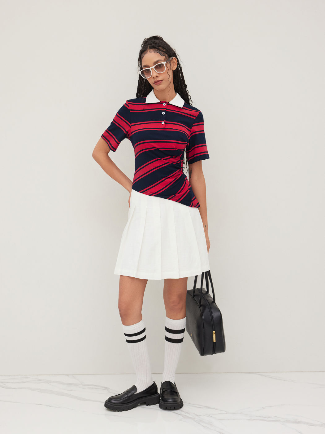 Cotton-blend Polo Stripes Ruched Asymmetrical Tee