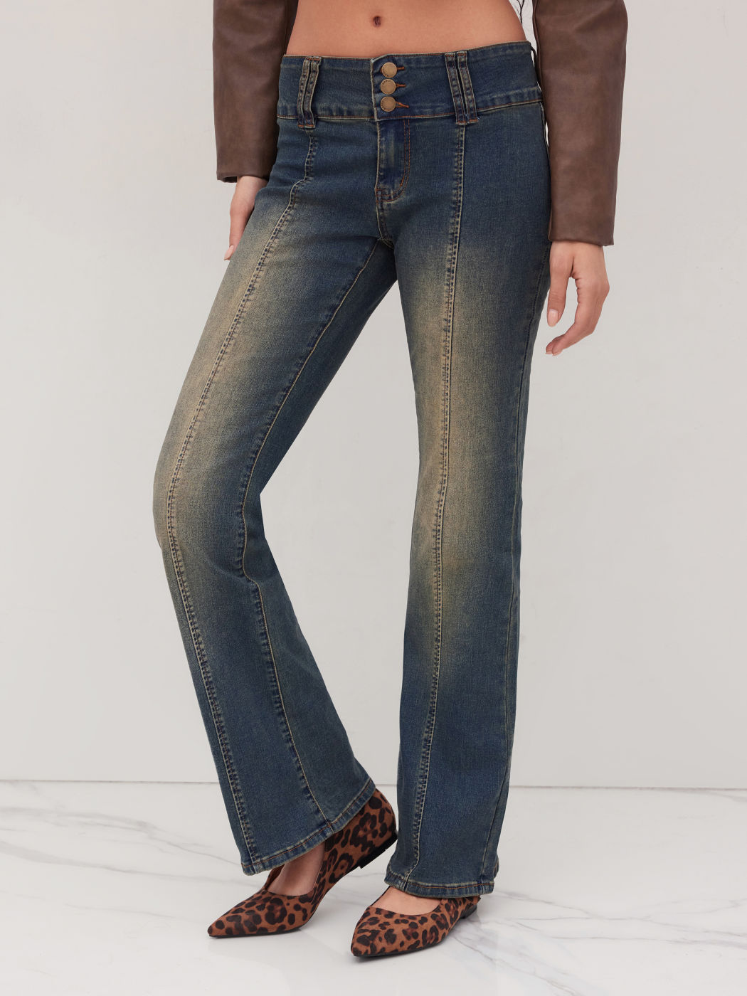 High Stretch Denim Low Rise Washed Flared Jeans