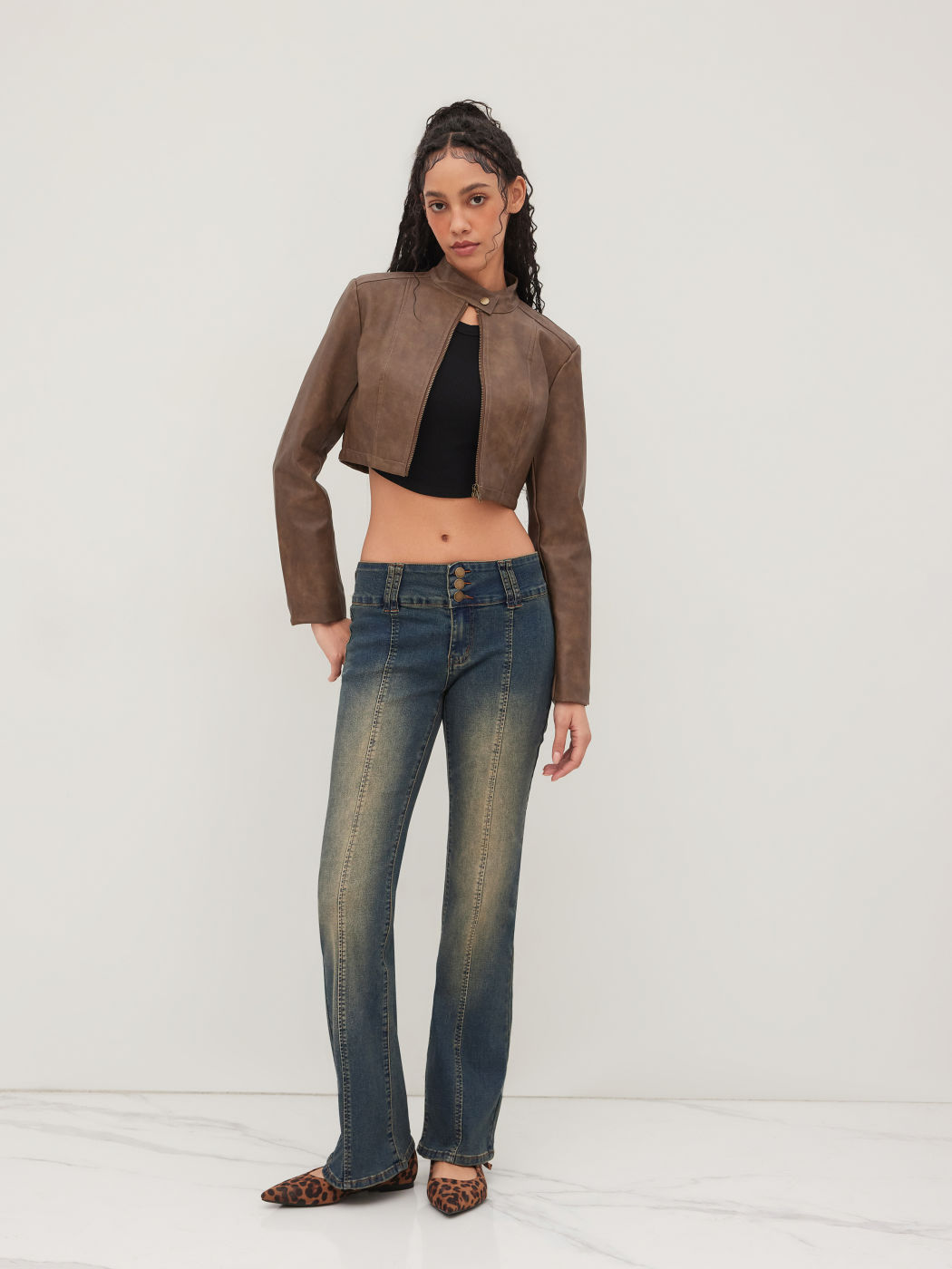 High Stretch Denim Low Rise Washed Flared Jeans