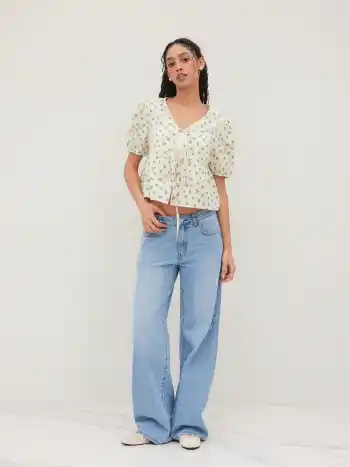 100% Baumwolle V-Hals Bluse mit Blumenmuster und Frontbinde