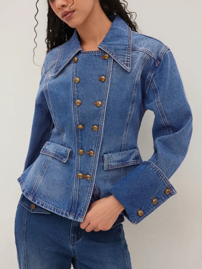 Denim Denim Double Breasted Curved Hem Jacket For Daily Casual