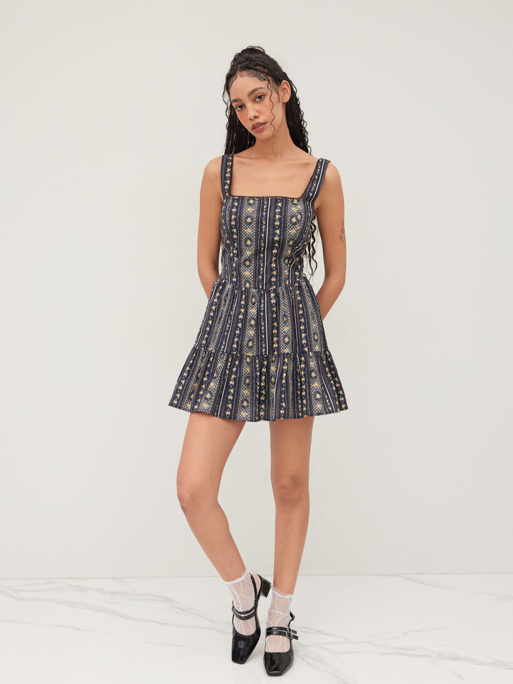 Cotton Square Neck Floral Lace Up Mini Dress