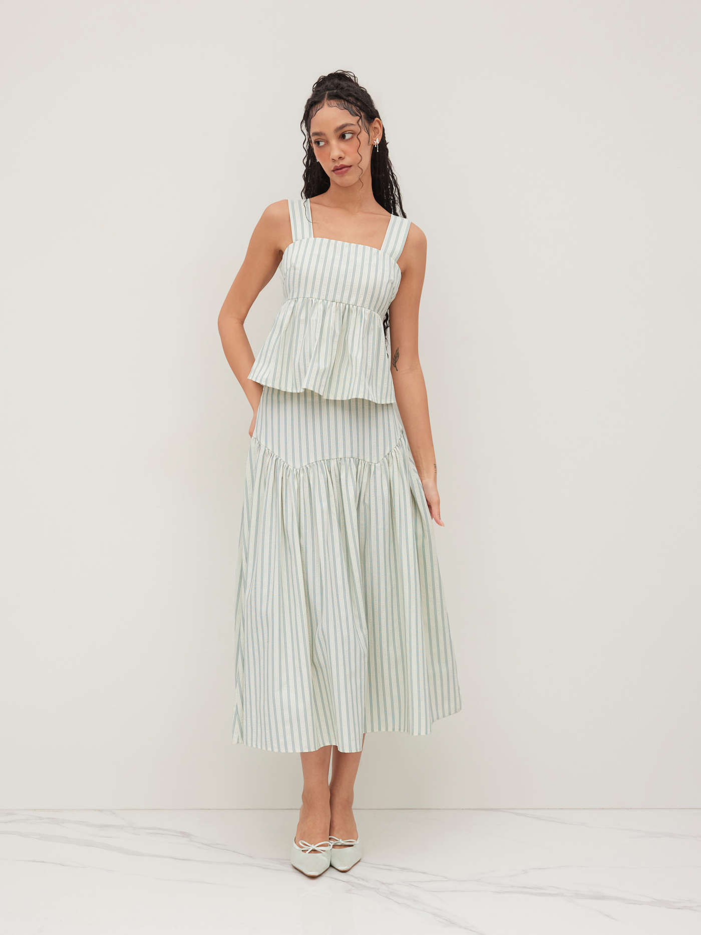 Cotton-blend Striped Bow Ruffle Cami Top