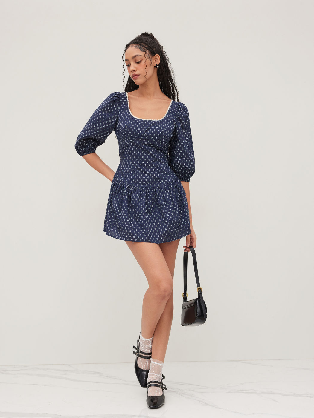 100% Cotton Geometric Lettuce Trim Ruffle Mini Dress