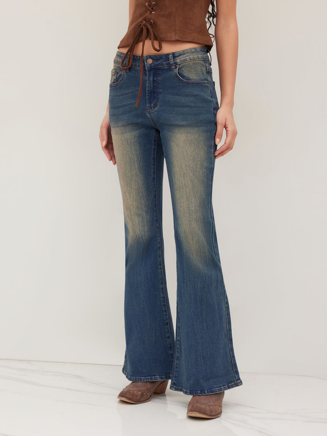 High Stretch Cider Denim Low Rise Vintage Wash Flared Jeans