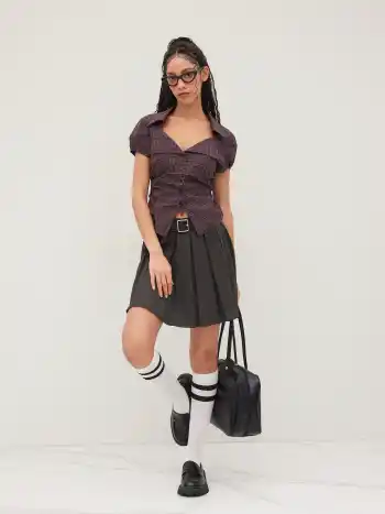 100% Cotton Tartan Split Ruched Shirt