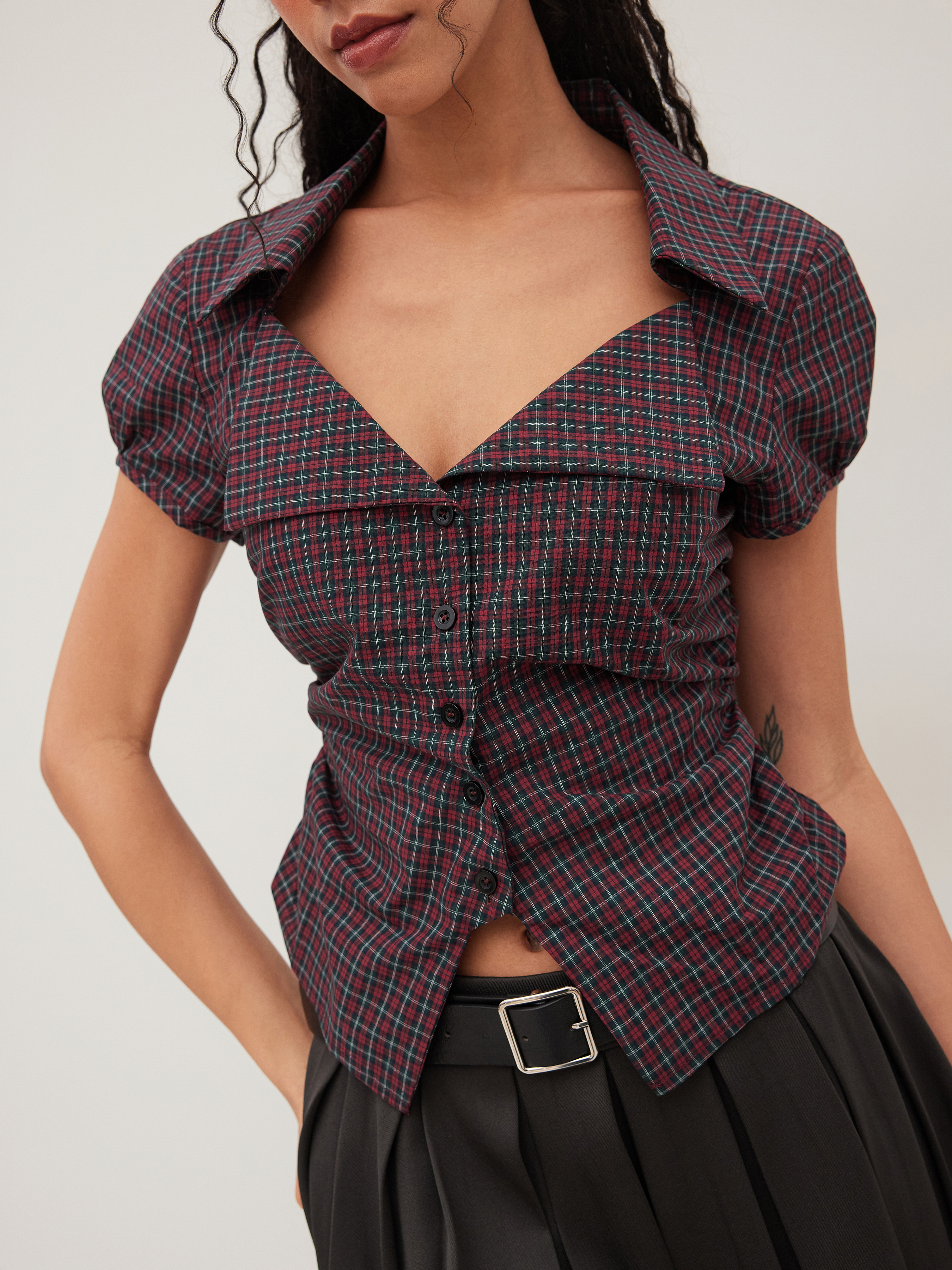 100% Cotton Tartan Split Ruched Shirt