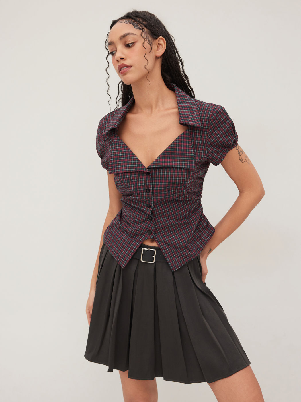 100% Baumwoll-Tartan Hemd mit Spalt und Rüschen