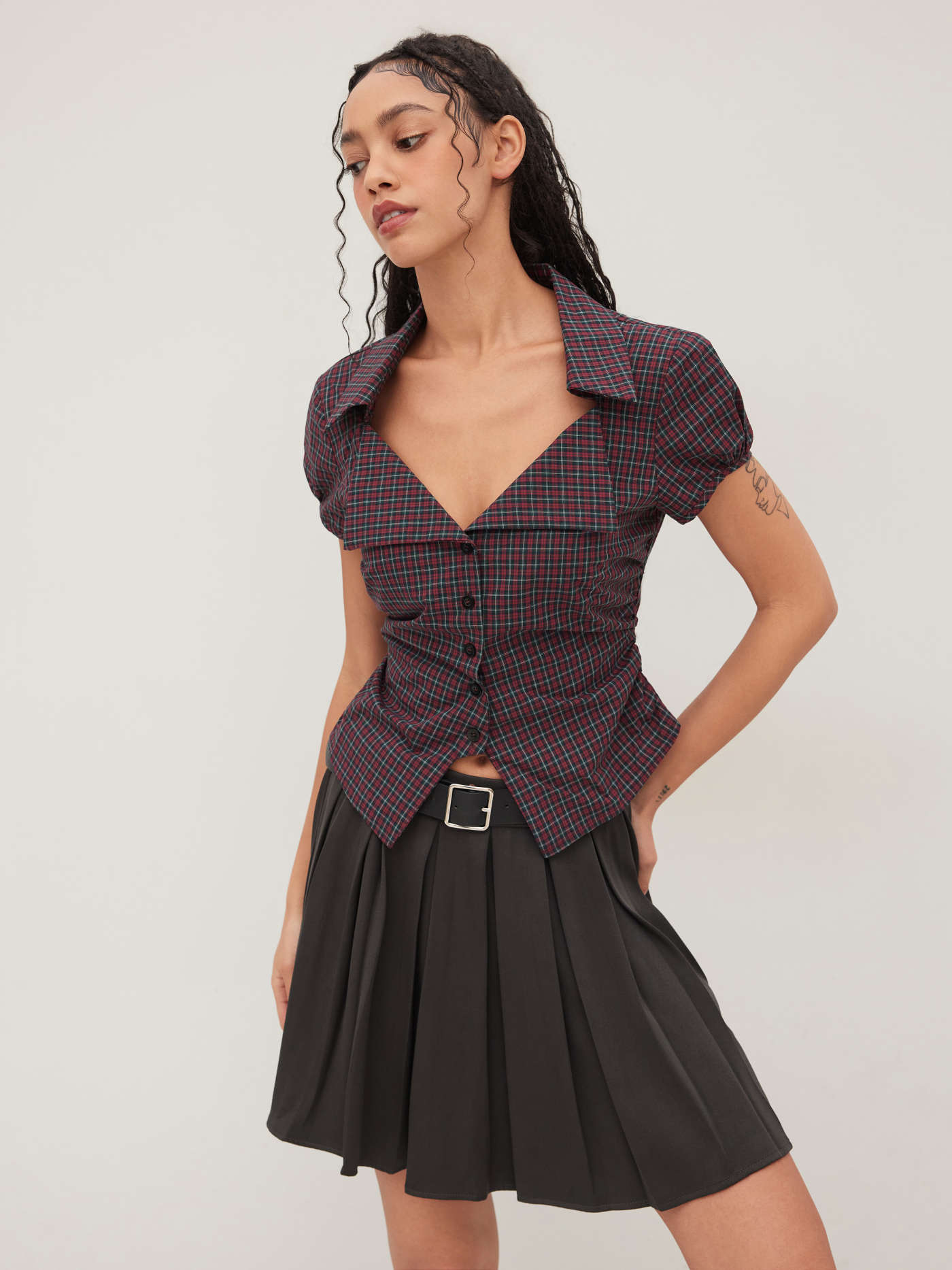 Woven 100% Cotton Tartan Split Ruched Shirt For Daily Casual