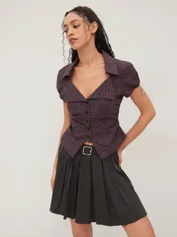 100% Cotton Tartan Split Ruched Shirt