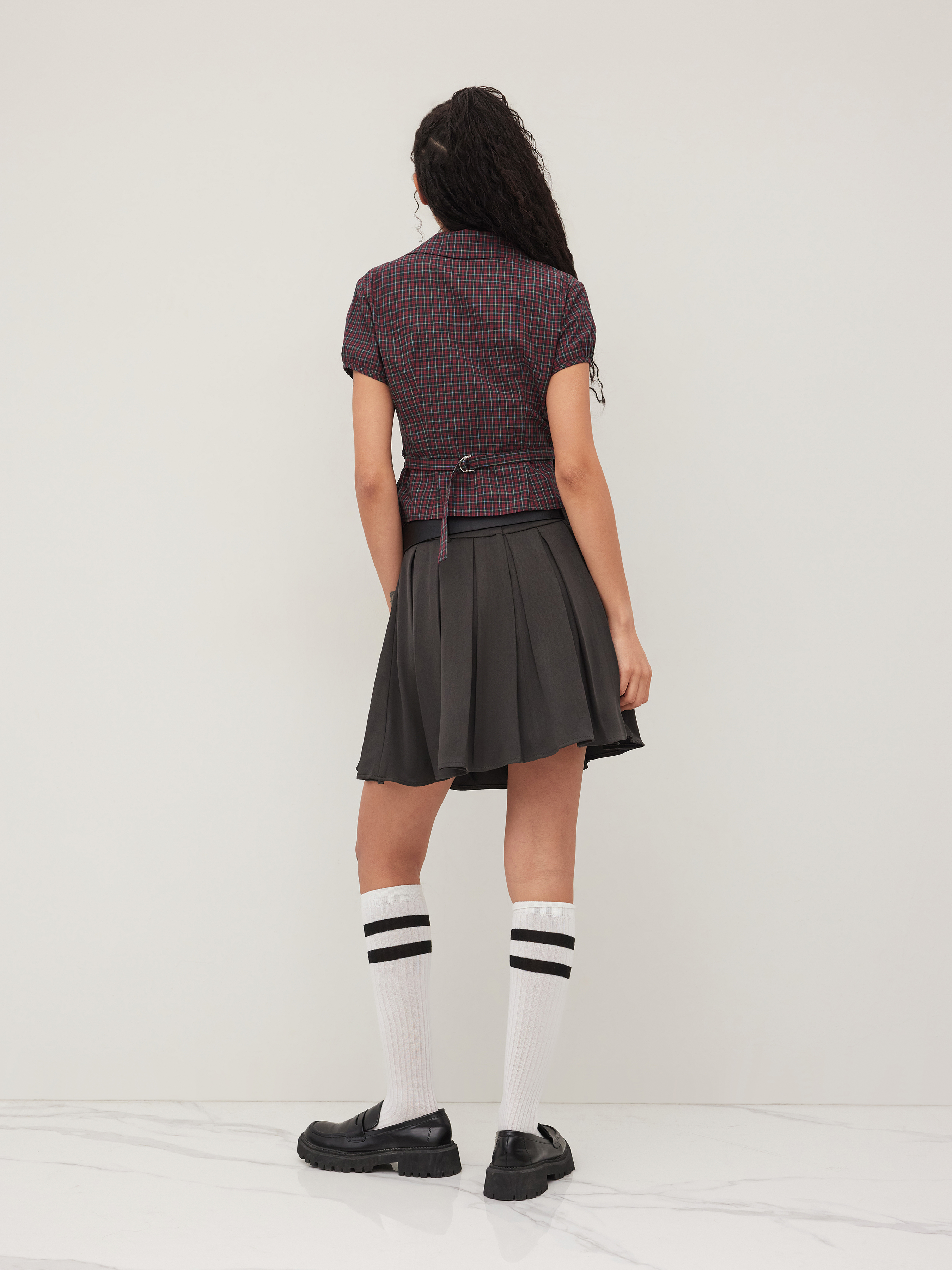 100% Cotton Tartan Split Ruched Shirt
