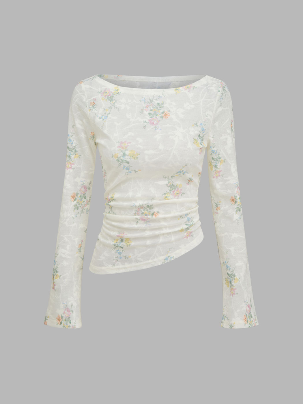 Boat Neck Floral Asymmetrical Ruched Long Sleeve Top