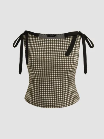 Baumwollmischung Bootshals Gingham Schleife Tanktop Kurve & Plus