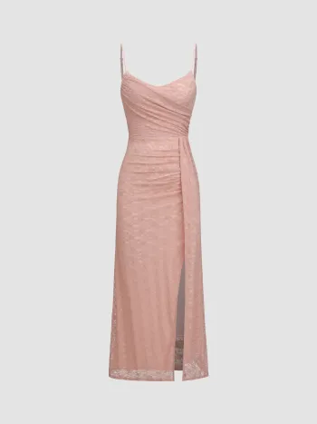 Spitzenblumen-ruched Split Cami Maxikleid