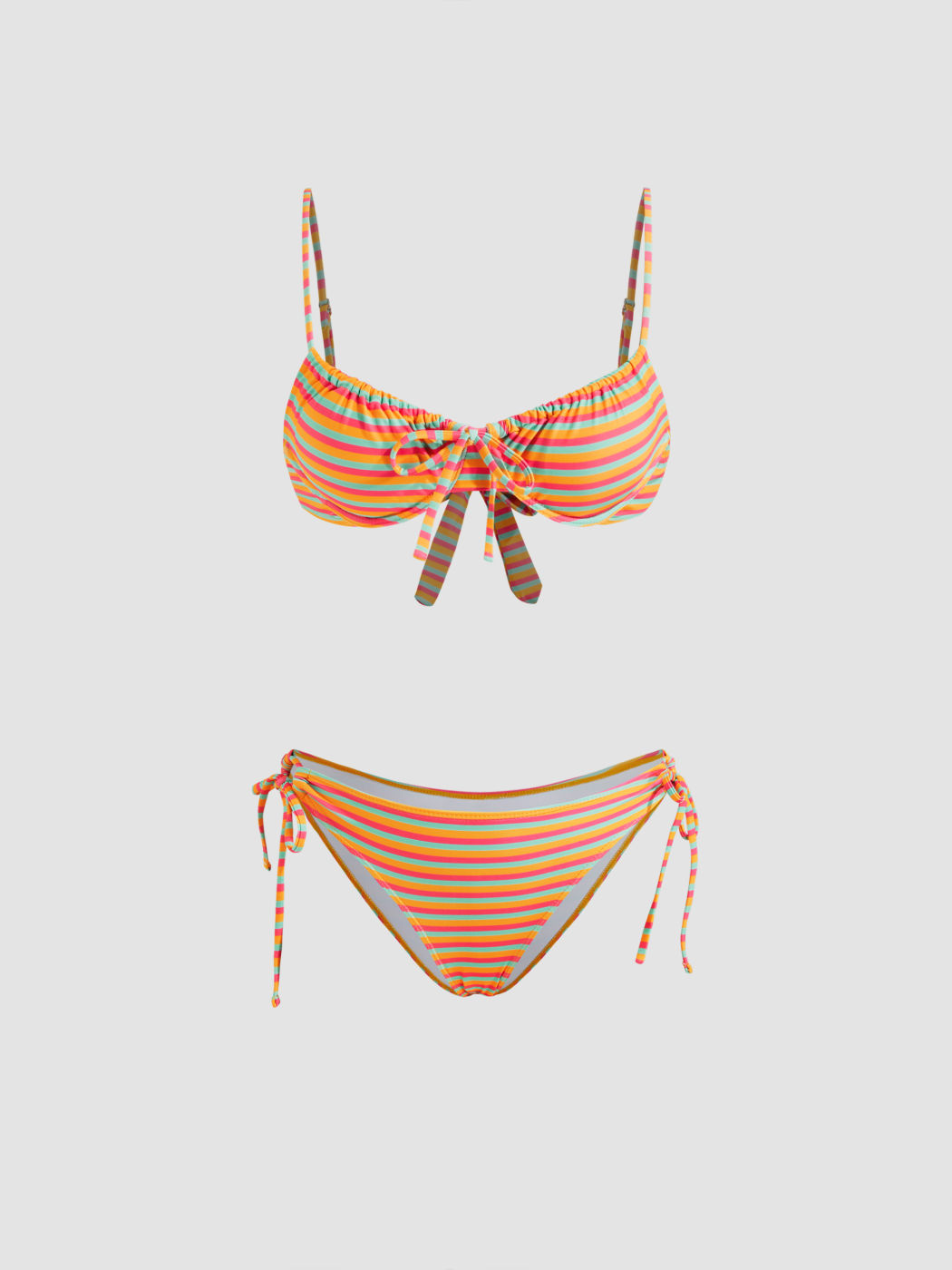 V-neck Stripe Drawstring Underwire Tie Side Bikini Set