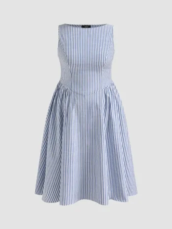 Baumwollmischung Bootshals Streifen Rüschen Maxikleid Kurve & Plus