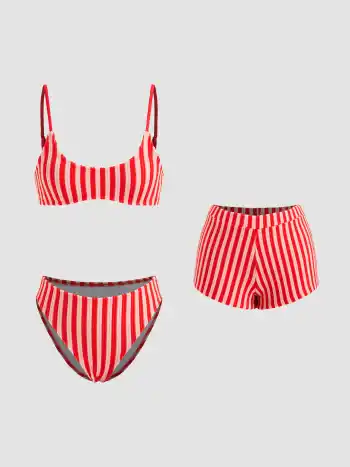 Terry U-Halsstreifen-Bikini-Set mit Armband & Cover-Up Shorts