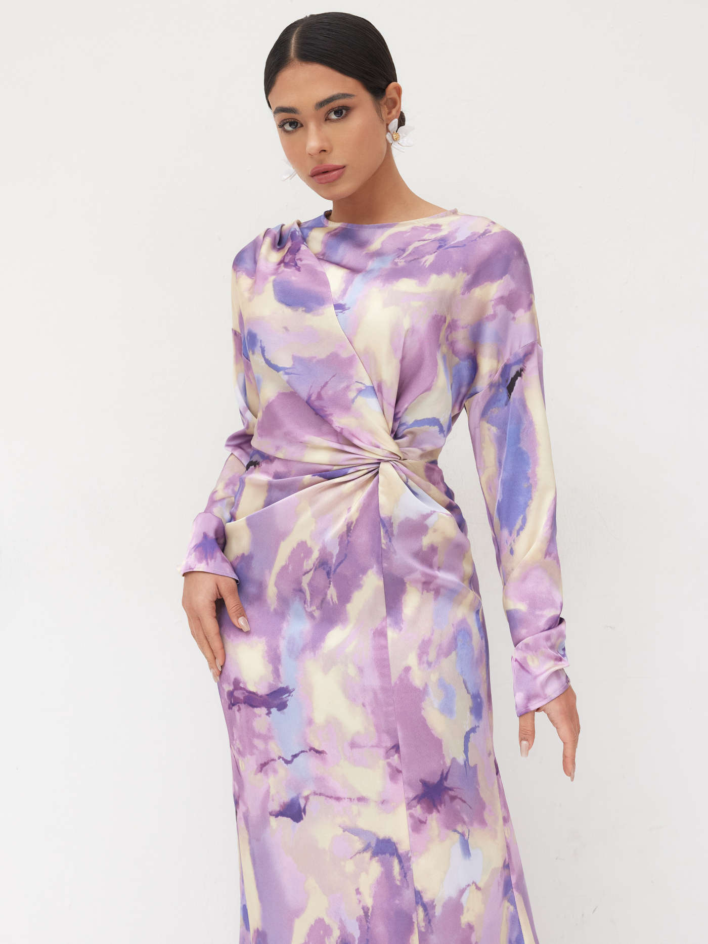 Satin Round Neckline Illusion Print Twist Maxi Dress