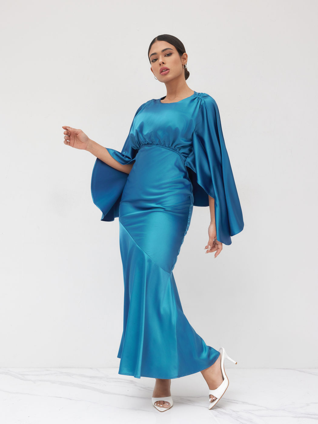 Round Neckline Ruched Ruffle Cut Out Maxi Dress