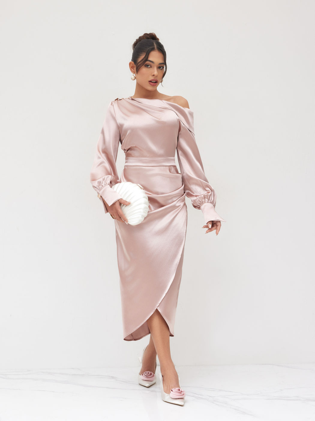 Satin Asymmetrical Neck Ruched Split Maxi Dress