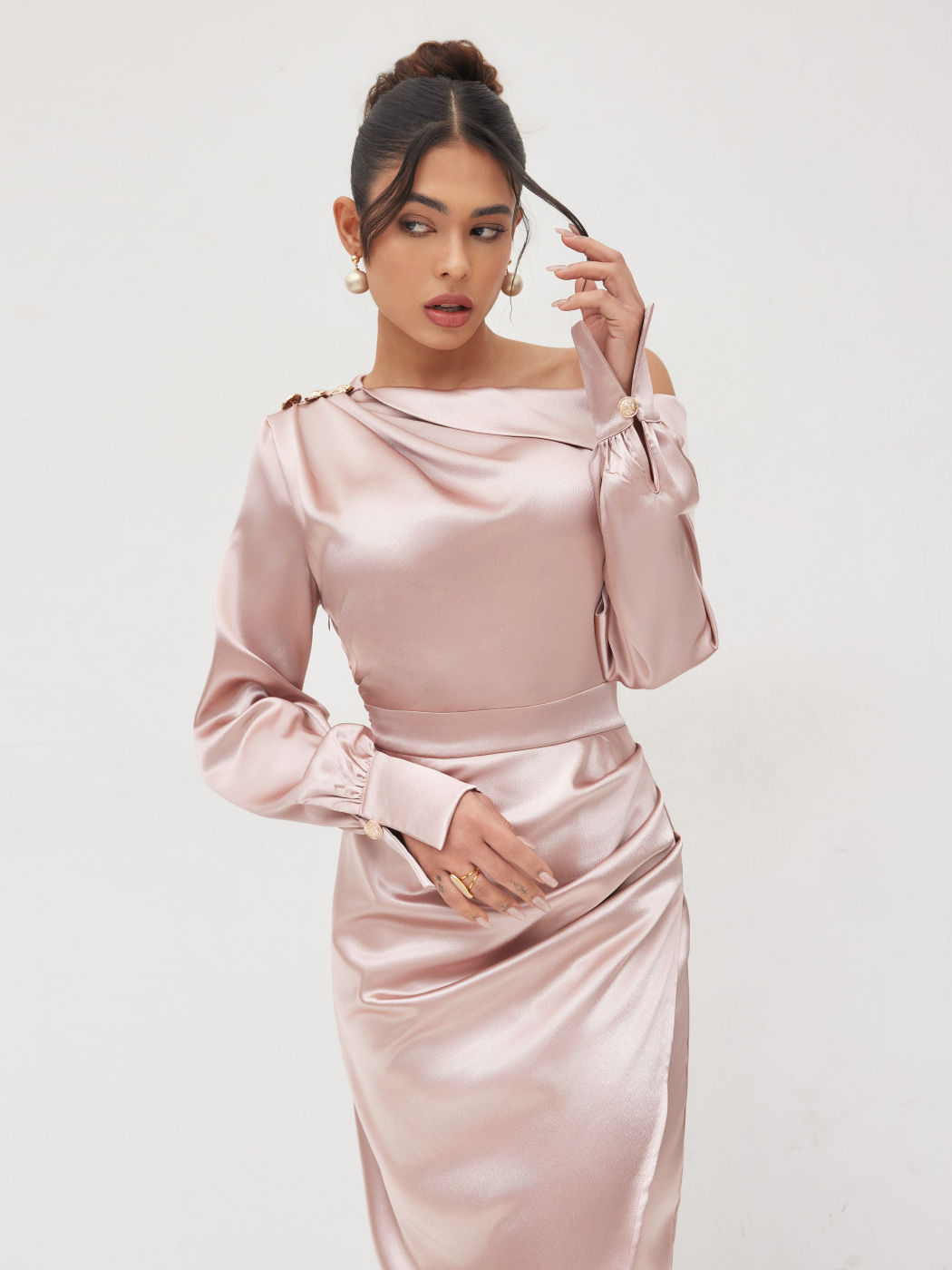 Satin Asymmetrical Neck Ruched Split Maxi Dress