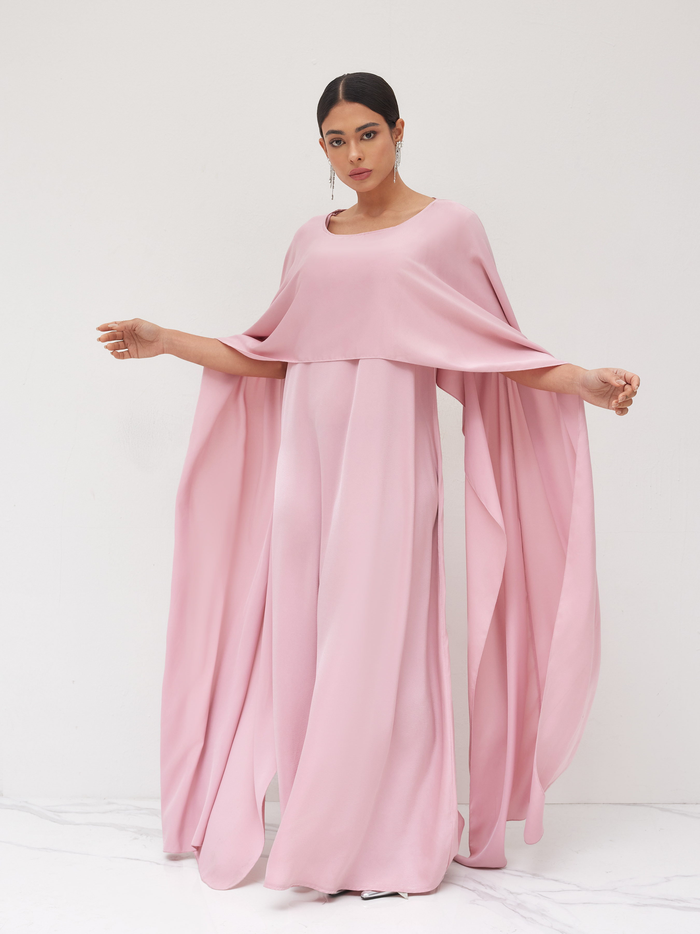 Satin Boat Neck Ruffle Maxi Dress