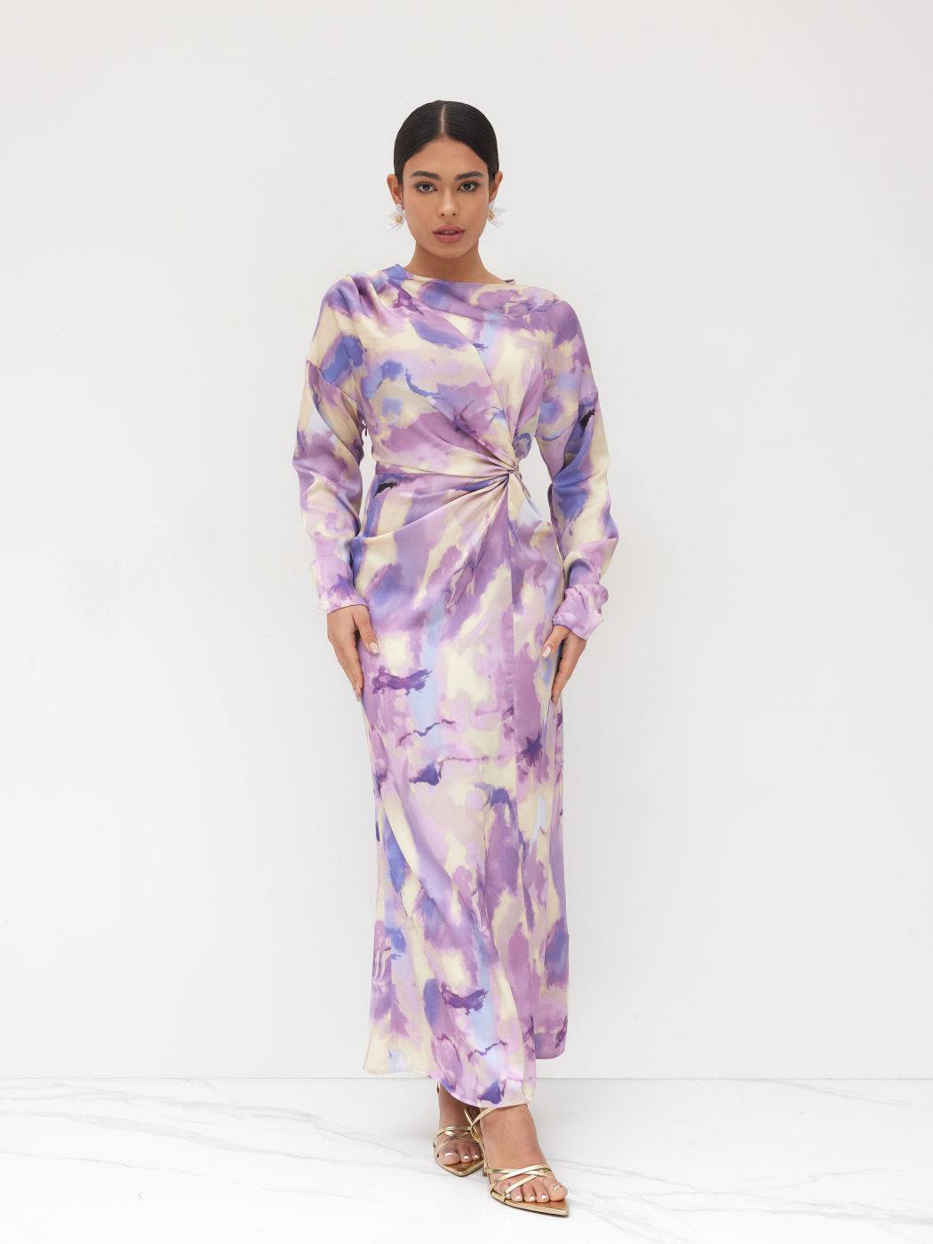 Satin Round Neckline Illusion Print Twist Maxi Dress