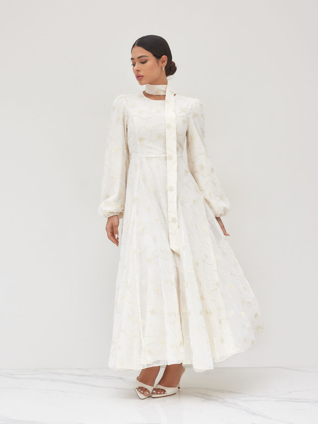 Round Neckline Crochet Floral Ruffle Maxi Dress With Scarf