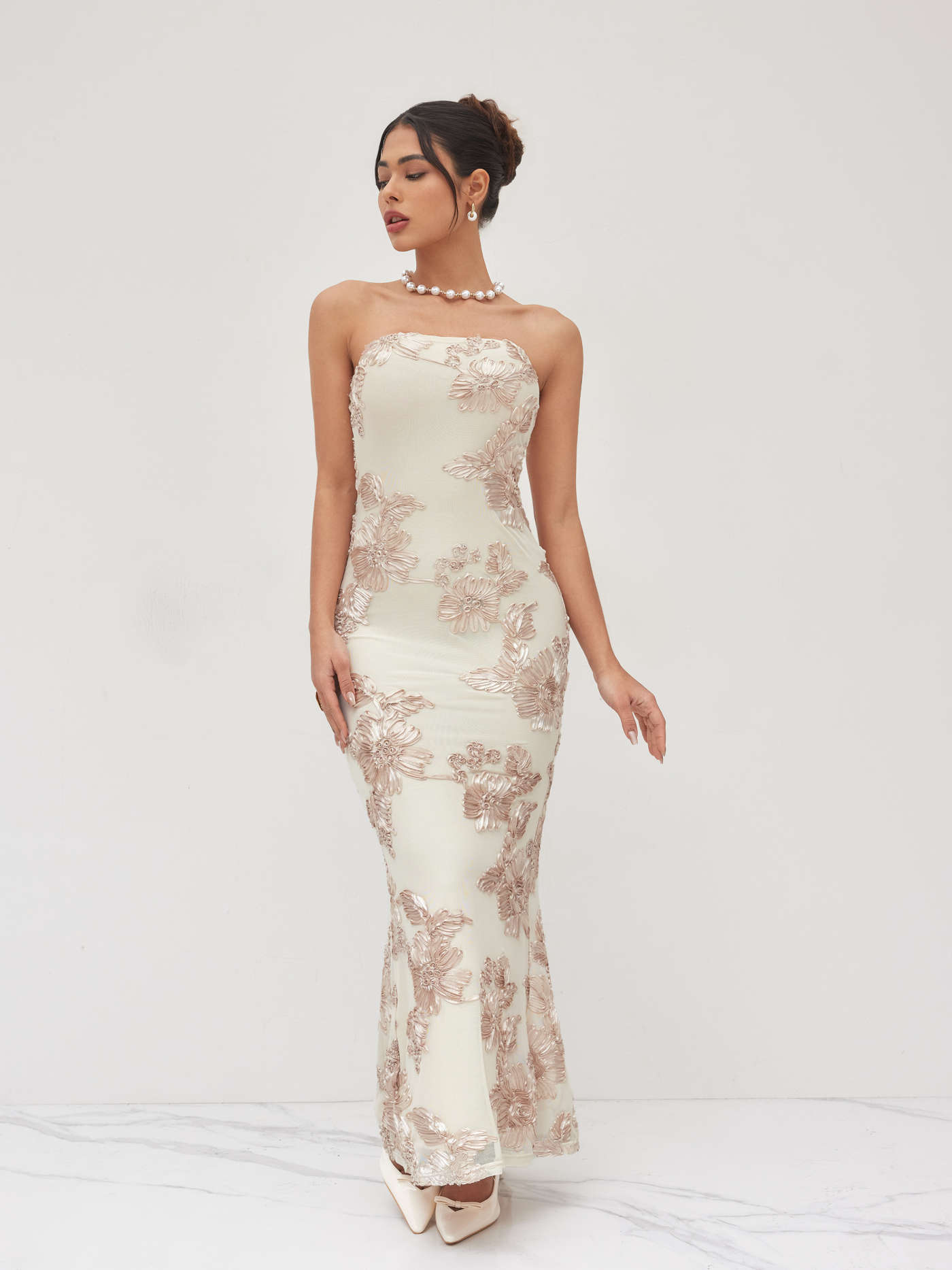 Jacquard Bandeau Floral Mermaid Maxi Dress