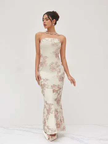 Satin Boat Neck Ruffle Maxi Dress