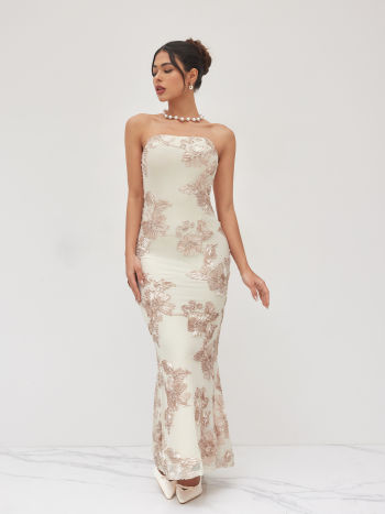 Satin Boat Neck Ruffle Maxi Dress