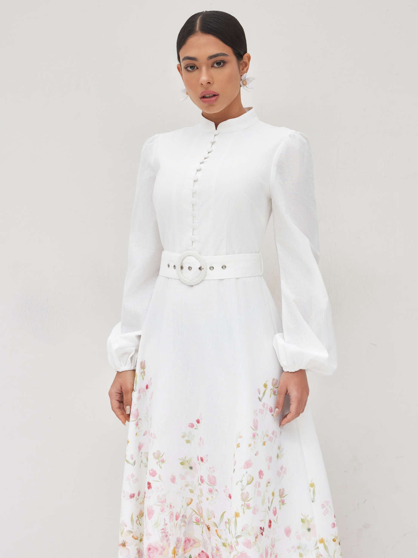 Linen-blend Mandarin Collar Floral Belted Maxi Dress