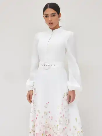 Mandarinkragen Blumen Maxikleid mit Gürtel
