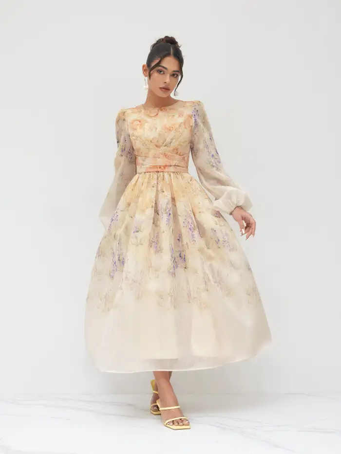 Chiffon High Neck Guipure Pearl Button Maxi Dress