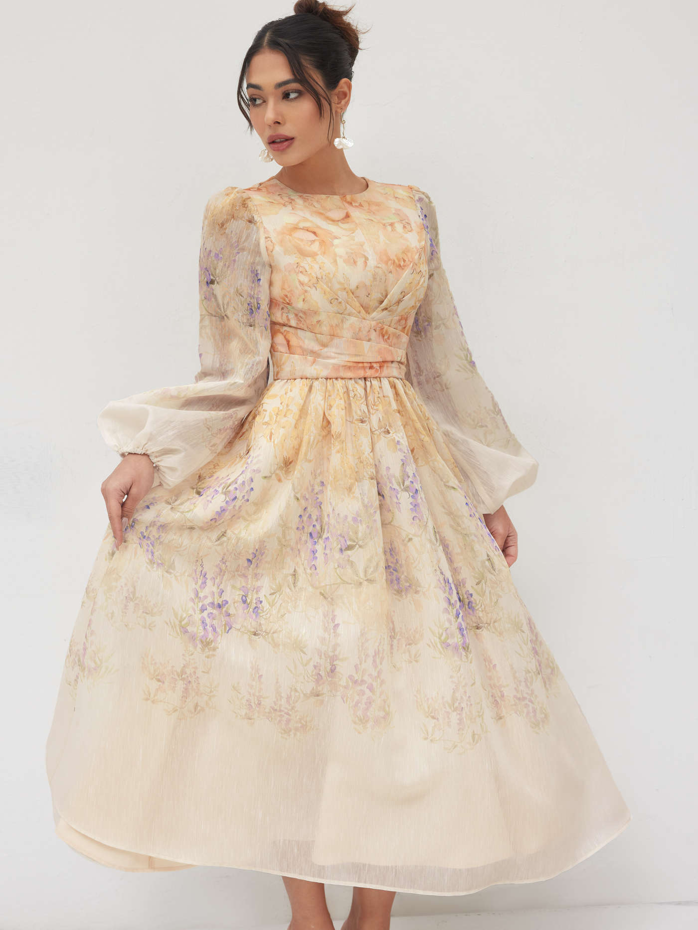 Cotton Floral Pleated Maxi Dress