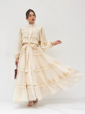 Chiffon High Neck Guipure Pearl Button Maxi Dress
