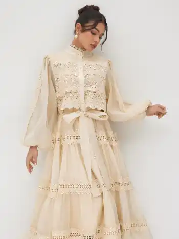 Chiffon High Neck Guipure Pearl Button Maxi Dress