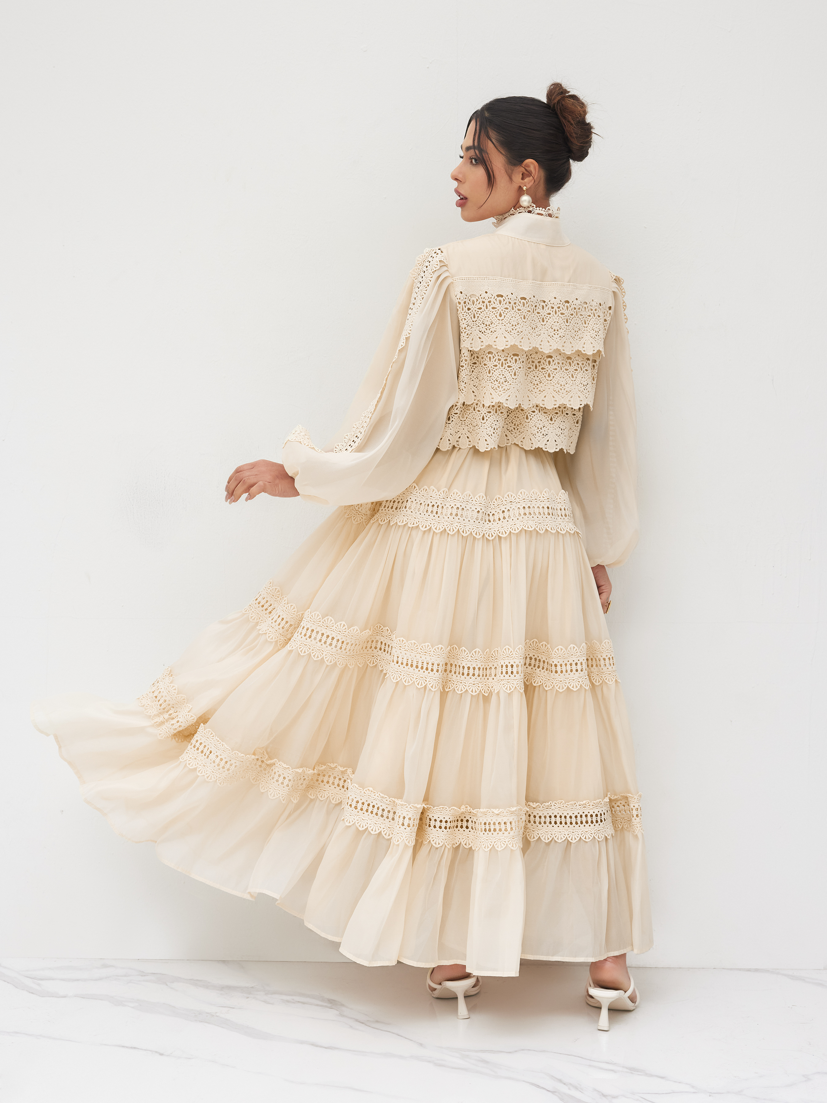 Chiffon High Neck Guipure Pearl Button Maxi Dress