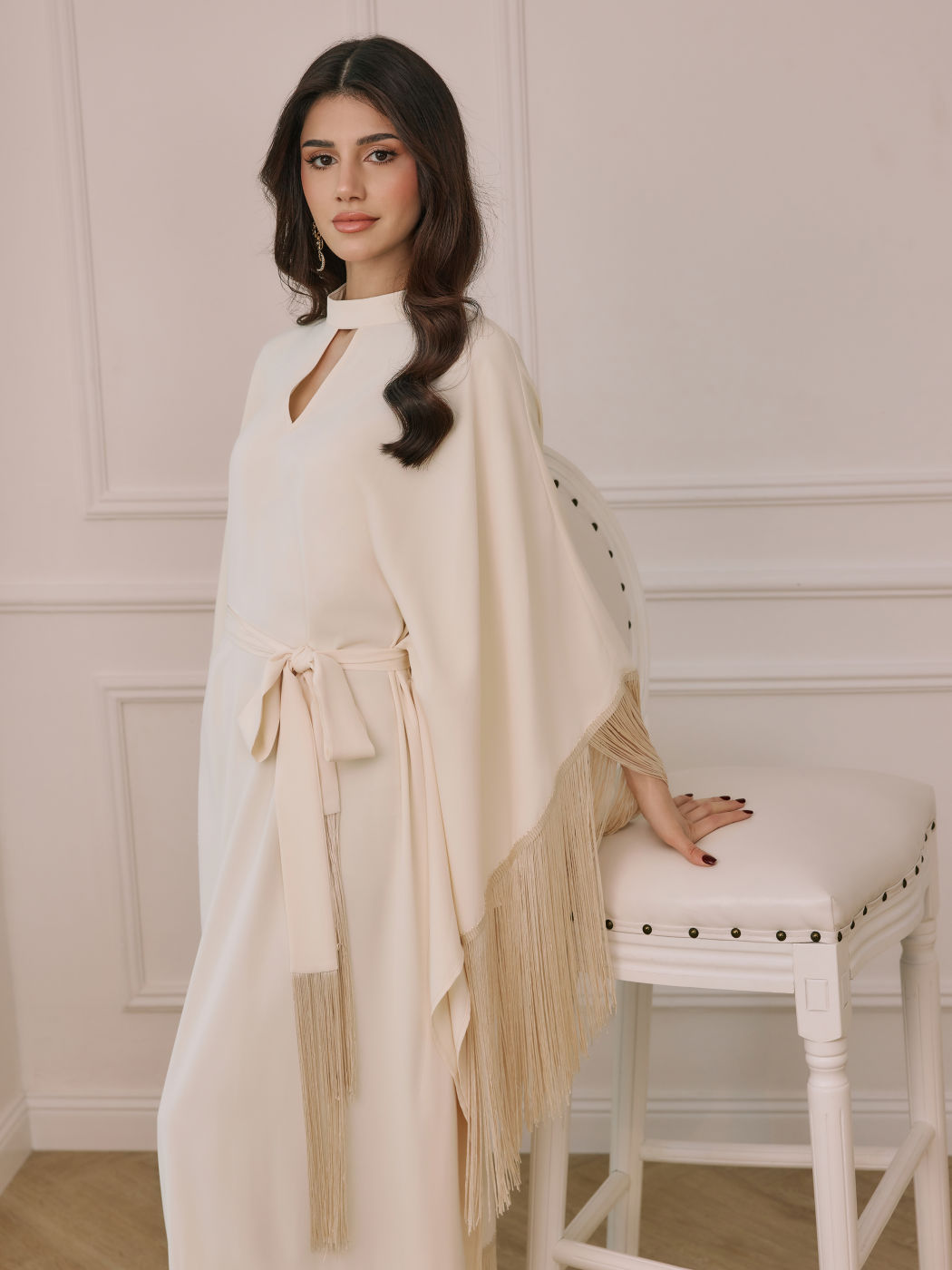 Stand Collar Fringe Knotted Maxi Dress