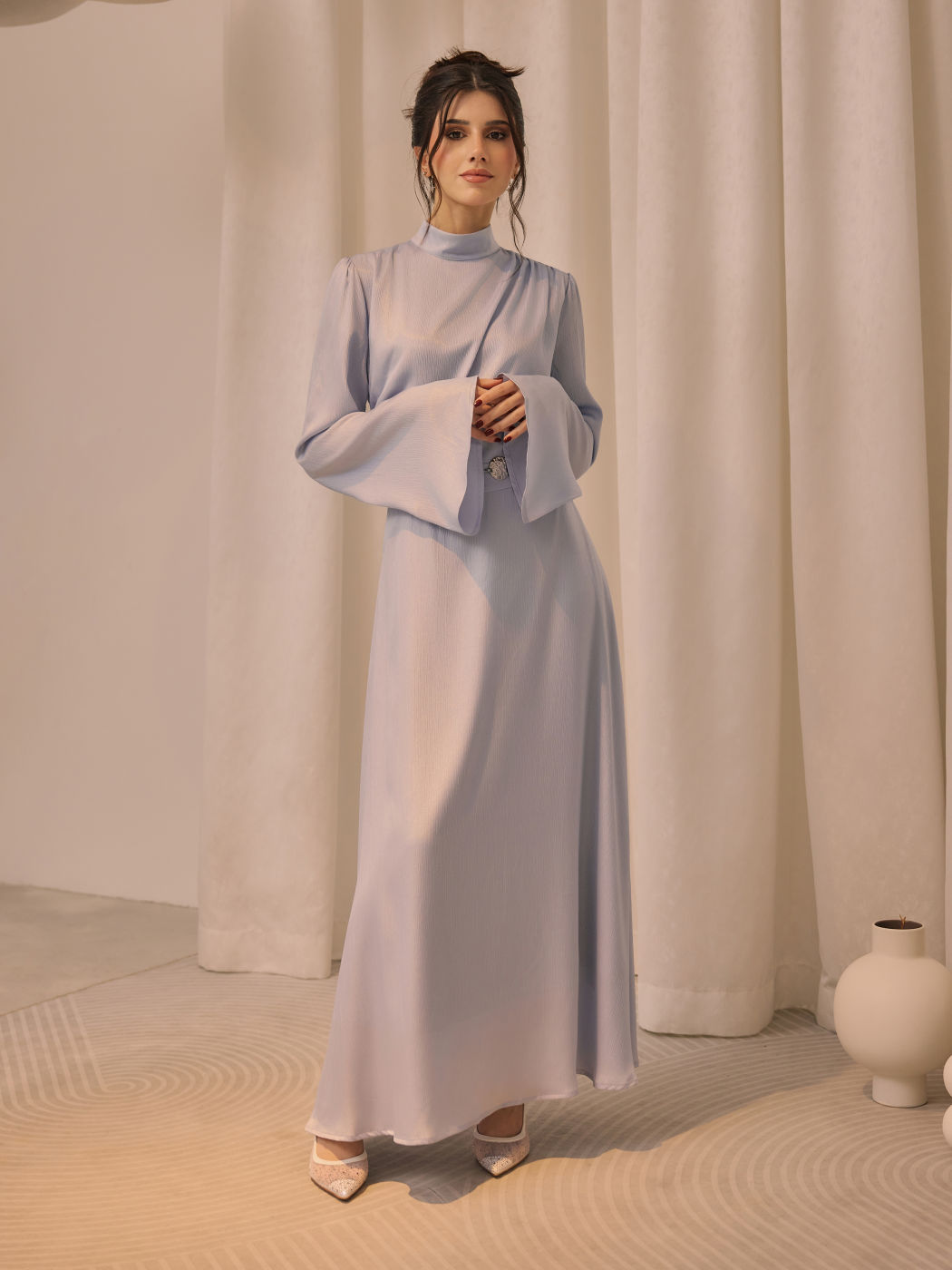 Stand Collar Ruched Ruffle Lace Up Maxi Dress