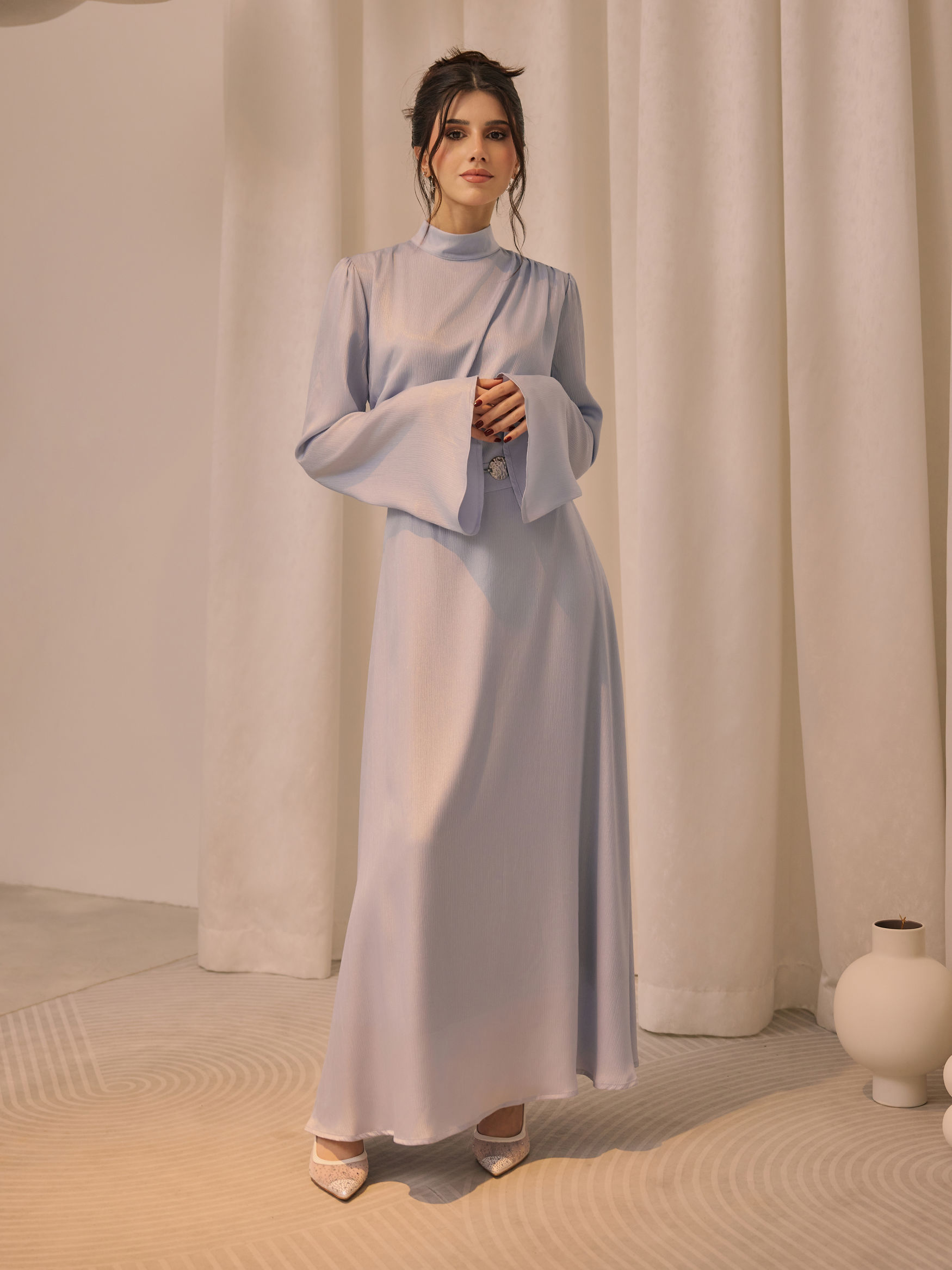 Stand Collar Ruched Ruffle Lace Up Maxi Dress