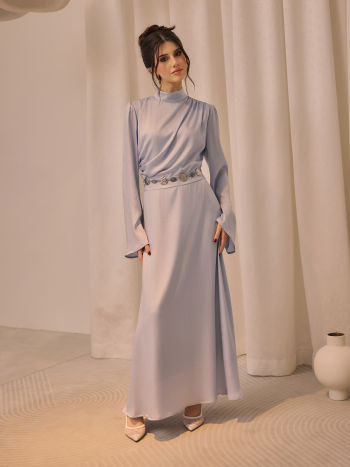 Stand Collar Ruched Ruffle Lace Up Maxi Dress