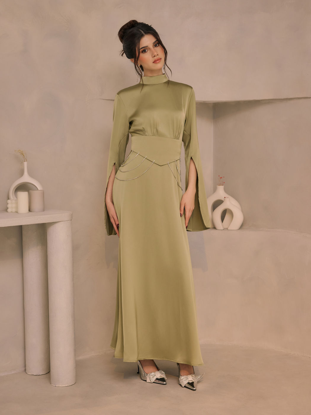 Satin Stand Collar Rhinestone Chain Split Sleeve Maxi Dress