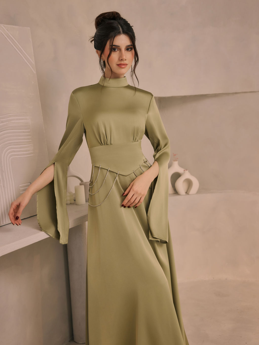 Satin Stand Collar Rhinestone Chain Split Sleeve Maxi Dress