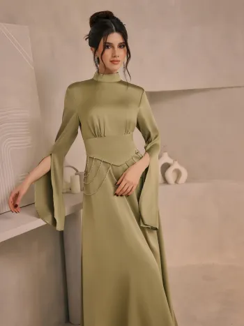 Satin V-neck Asymmetrical Hem Tie Waist Top & Mid Rise Mermaid Maxi Skirt Set