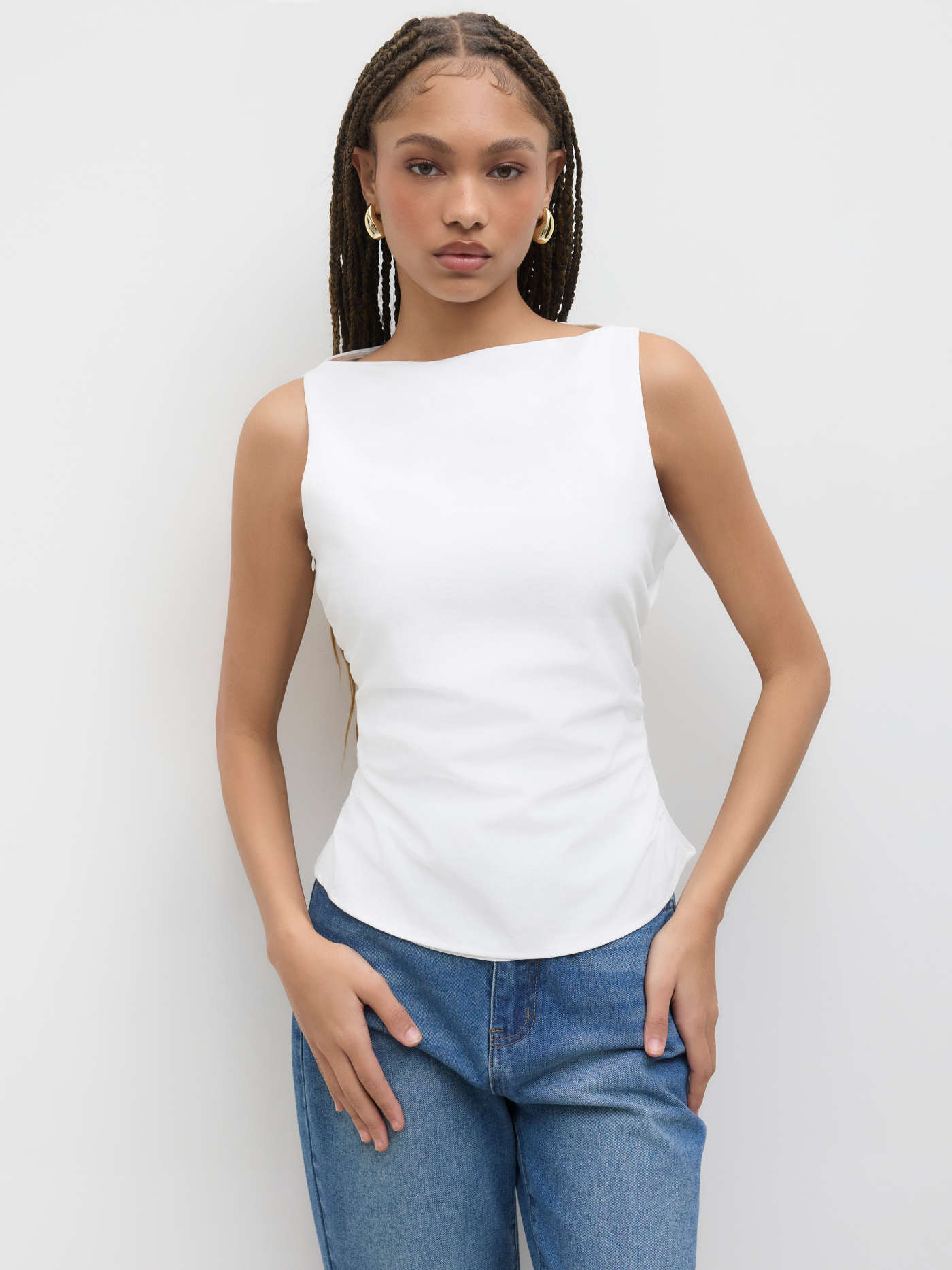 Linen-cotton Boat Neckline Solid Bowknot Tank Top