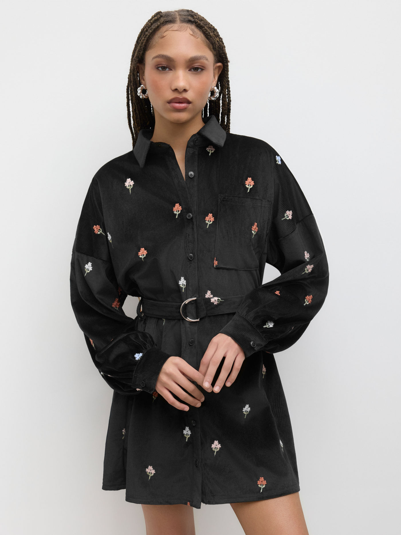 Corduroy Shirt Floral Embroidery Belted Mini Dress