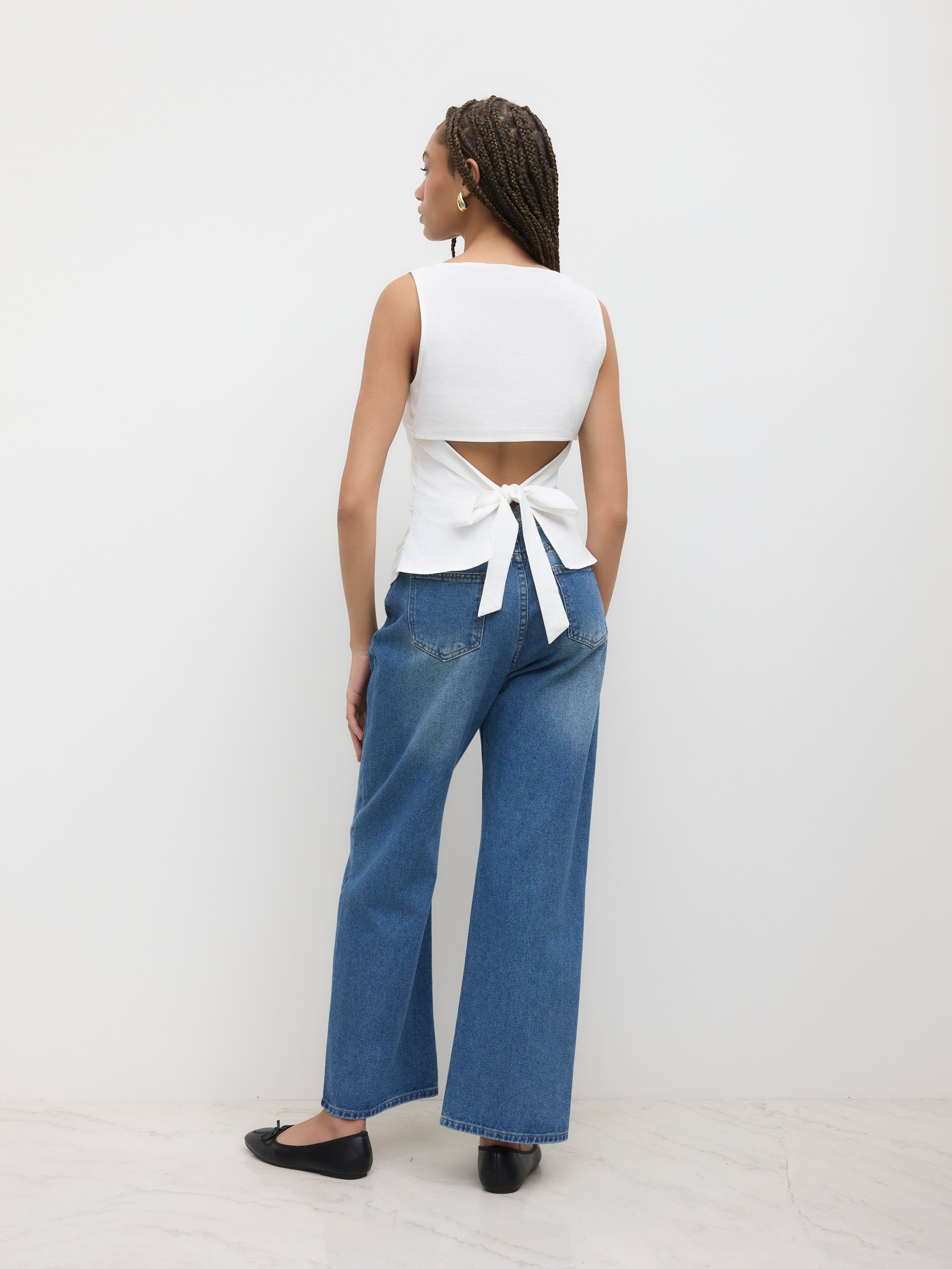 Linen-cotton Boat Neckline Solid Bowknot Tank Top