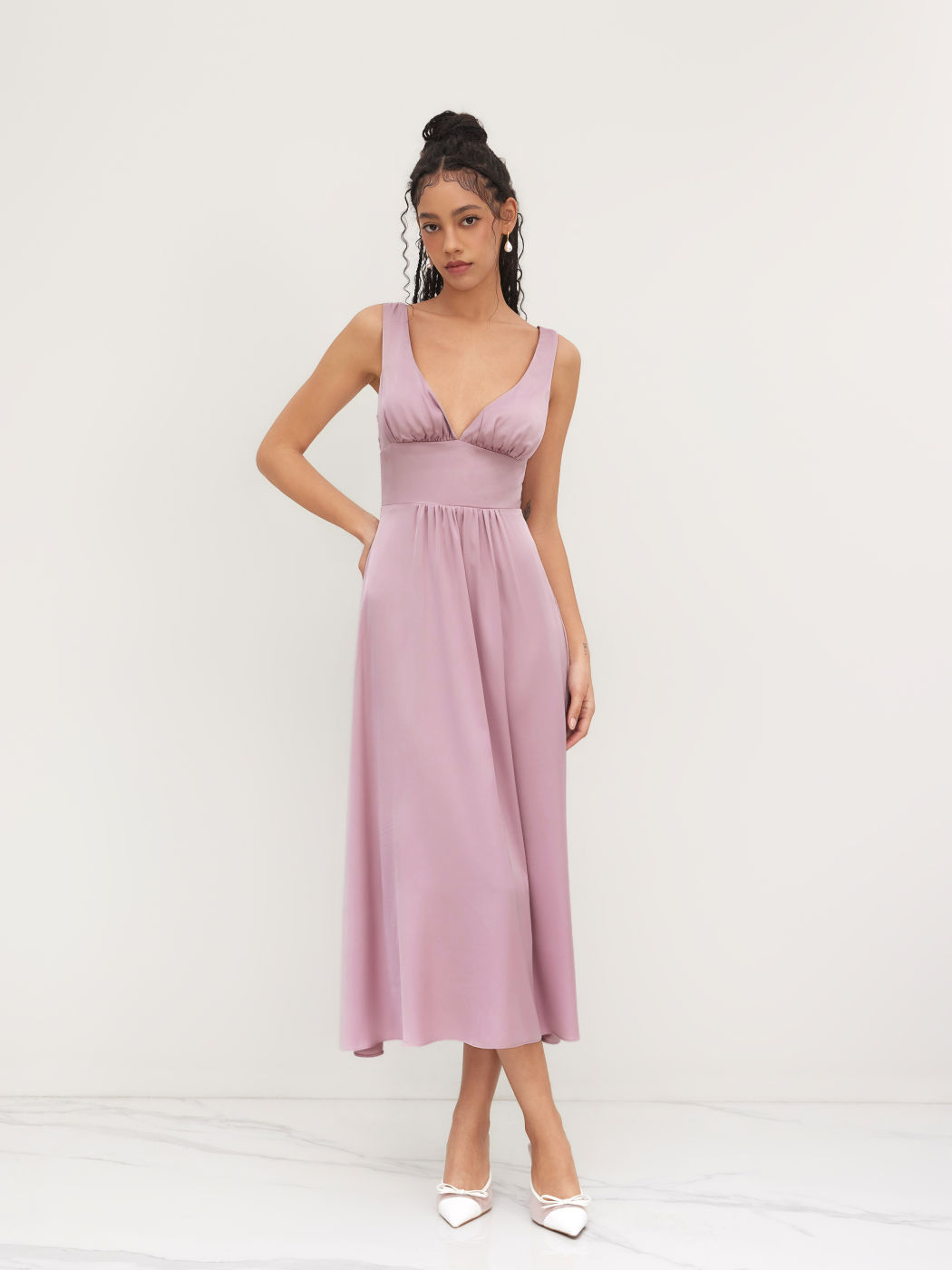 Satin V-neck Solid Ruffle Zipper Maxi Dress